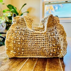 NWT - Handcrafted Tan Straw Woven Bag W/ Black Adjustable Removable Strap